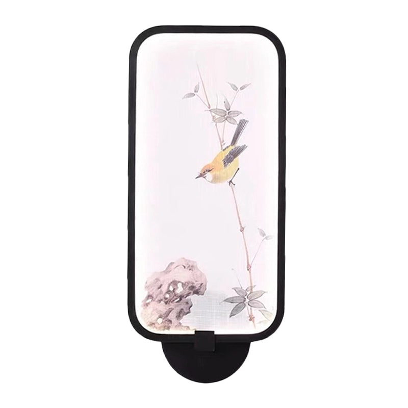 Frendorf | Acryl Rechteck Wandmural Licht Chinesischer Stil LED schwarze wandmontierte Lampe mit Vogel Muster