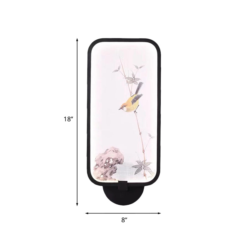 Frendorf | Acryl Rechteck Wandmural Licht Chinesischer Stil LED schwarze wandmontierte Lampe mit Vogel Muster