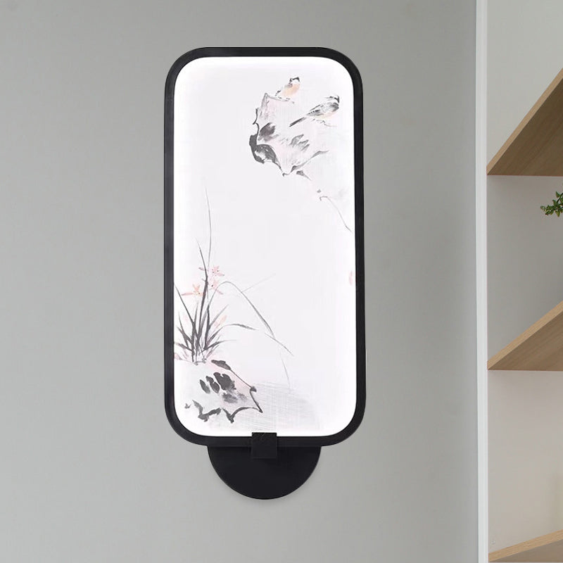 Frendorf | Acryl Rechteck Wandmural Licht Chinesischer Stil LED schwarze wandmontierte Lampe mit Vogel Muster