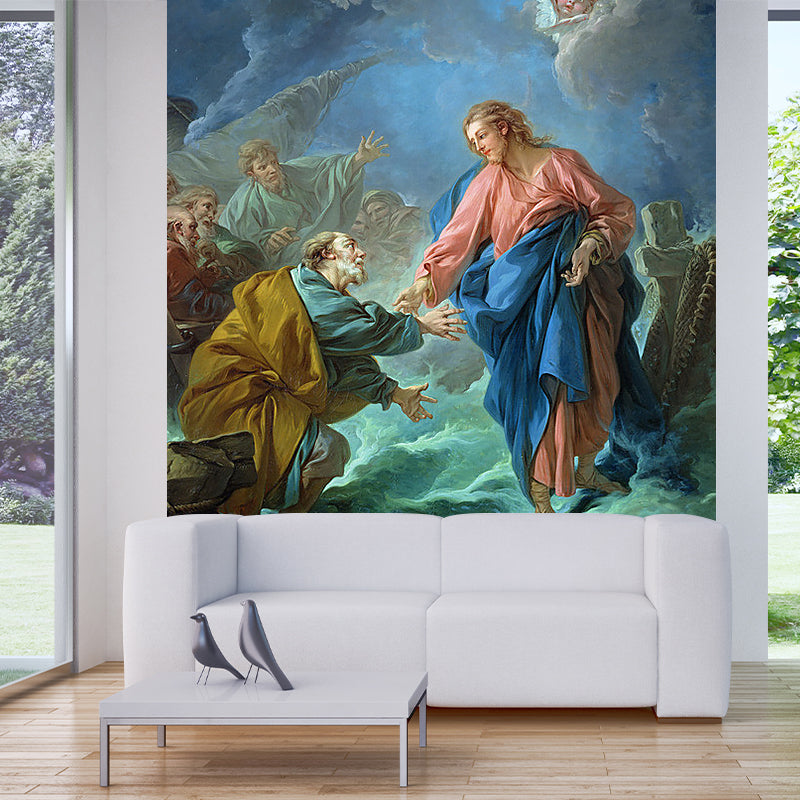 Frendorf | Antieke Bid om Genade Muurschildering Roze-Blauw-Groen Religieuze Wandbedekking voor Corridor
