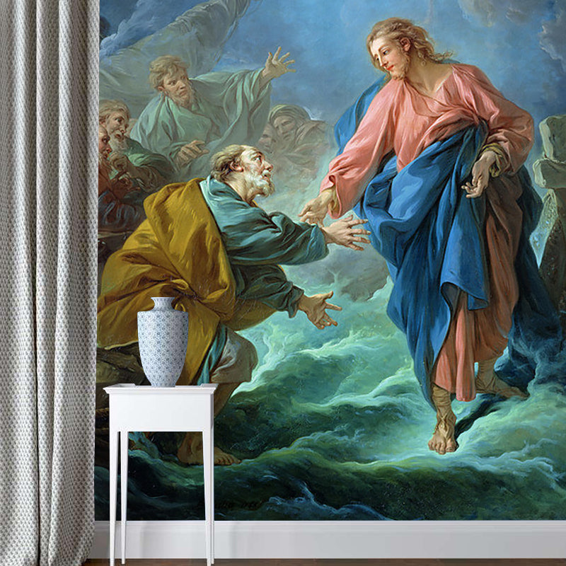 Frendorf | Antieke Bid om Genade Muurschildering Roze-Blauw-Groen Religieuze Wandbedekking voor Corridor