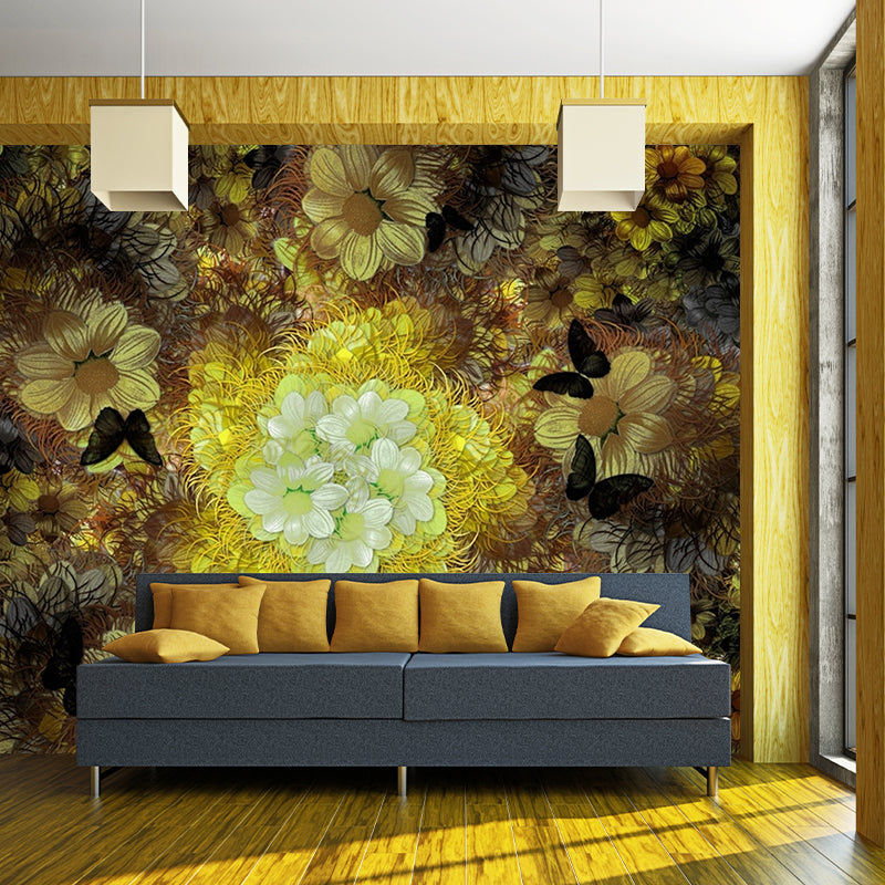 Frendorf | Grijs-Geel Chrysanten Muurbehang Bloem Klassieke Vlekbestendige Wanddecoratie