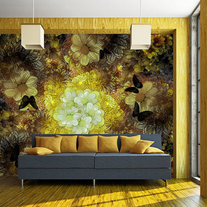 Frendorf | Grijs-Geel Chrysanten Muurbehang Bloem Klassieke Vlekbestendige Wanddecoratie