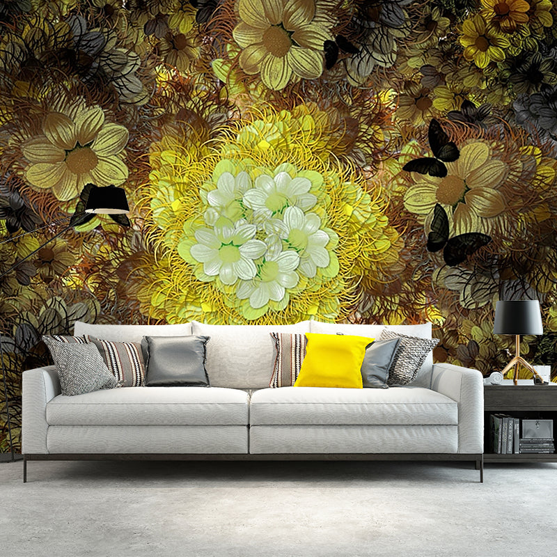 Frendorf | Grijs-Geel Chrysanten Muurbehang Bloem Klassieke Vlekbestendige Wanddecoratie