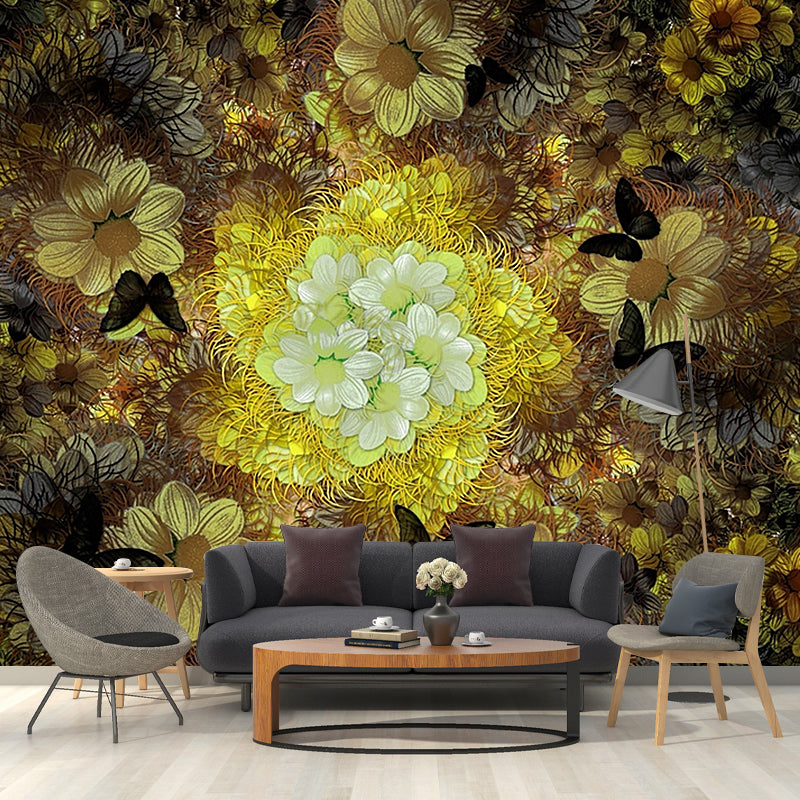 Frendorf | Grijs-Geel Chrysanten Muurbehang Bloem Klassieke Vlekbestendige Wanddecoratie