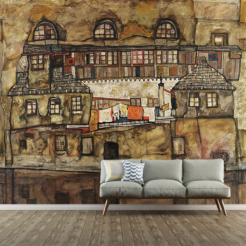 Frendorf | Nicht-Gewebte Waschbare Wandkunst Art Deco Haus Wand am Fluss Malerei Wandverkleidung in Braun
