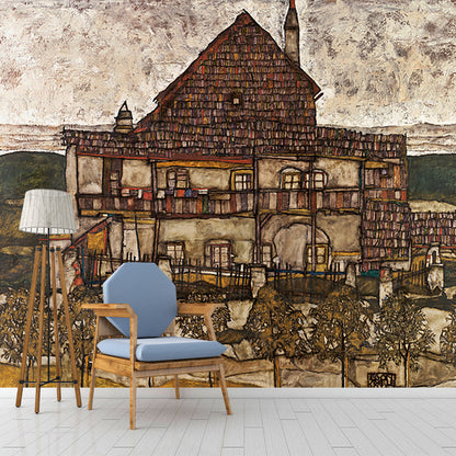 Frendorf | Whole Building Mural Wallpaper Living Room Egon Schiele House with Shingles Wandkunst in Braun, Wasserdicht
