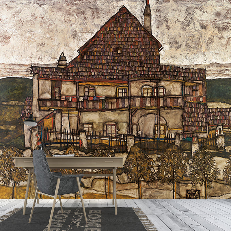 Frendorf | Whole Building Mural Wallpaper Living Room Egon Schiele House with Shingles Wandkunst in Braun, Wasserdicht
