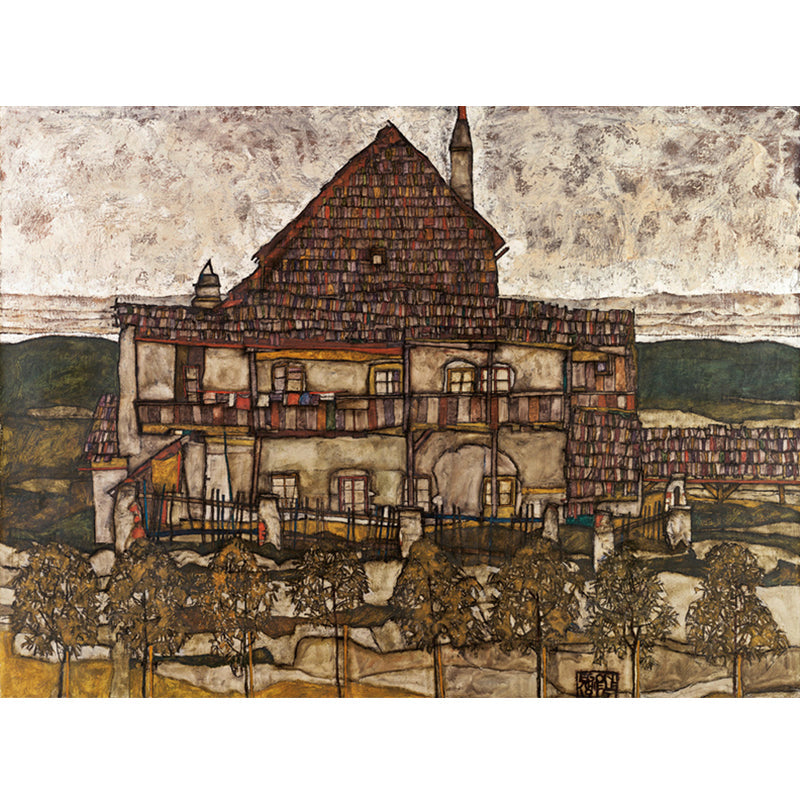Frendorf | Whole Building Mural Wallpaper Living Room Egon Schiele House with Shingles Wandkunst in Braun, Wasserdicht