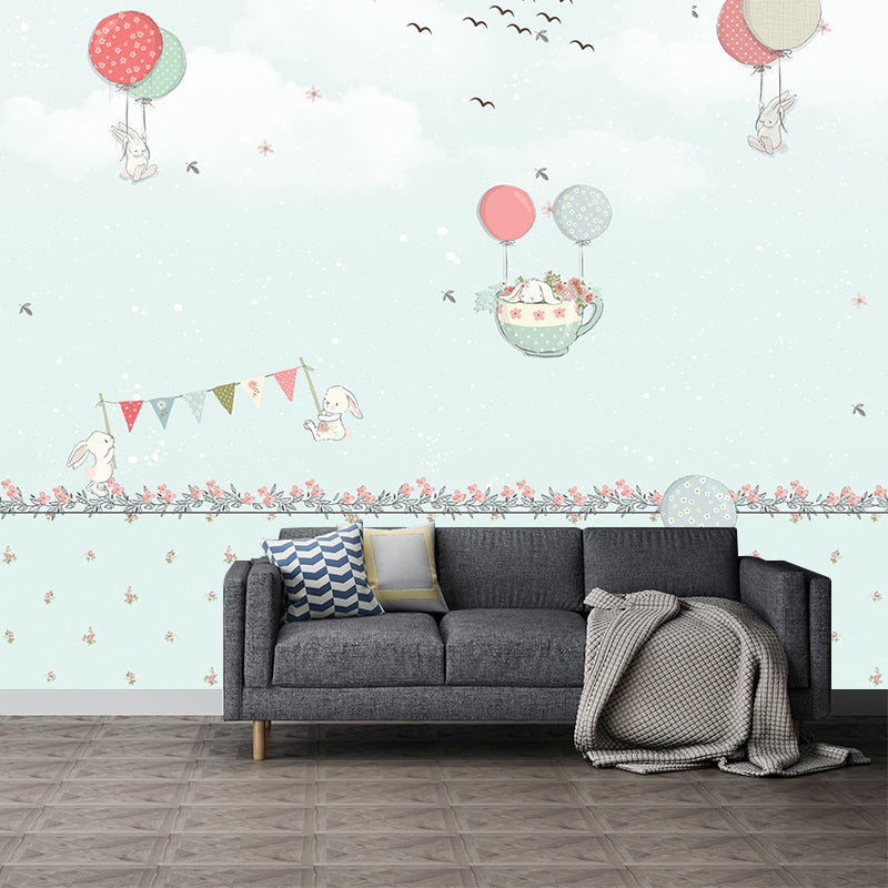 Frendorf | Pastel Kleur Cartoon Behang Muur Volledige Maat Konijnen Ballon Reis Patroon Wanddecoratie voor Kinderkamer
