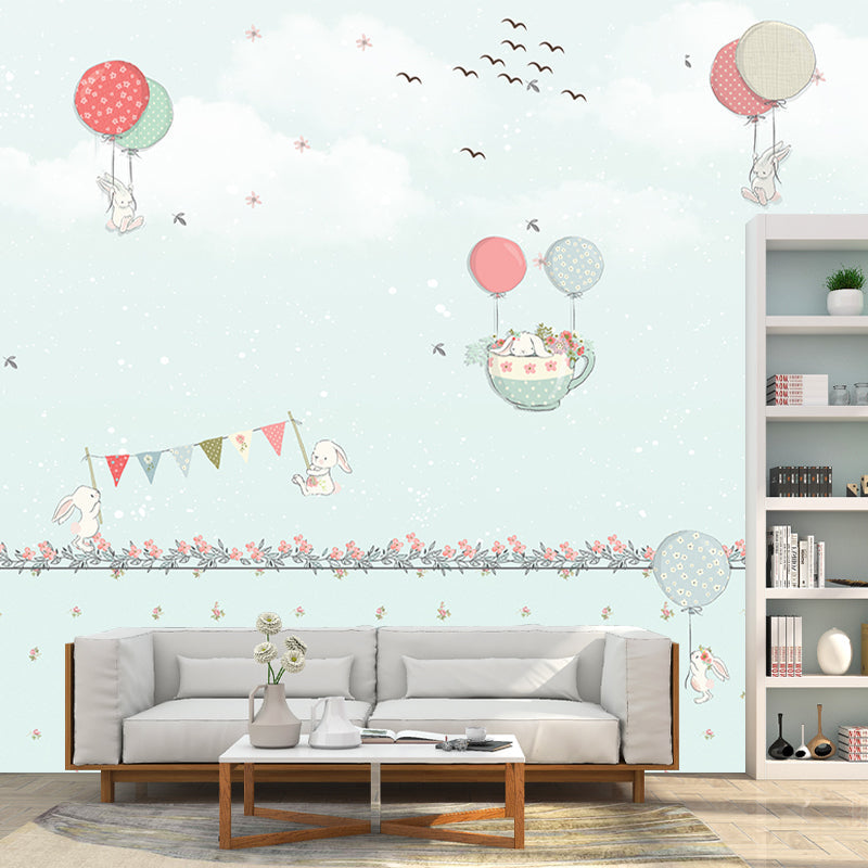 Frendorf | Pastel Kleur Cartoon Behang Muur Volledige Maat Konijnen Ballon Reis Patroon Wanddecoratie voor Kinderkamer