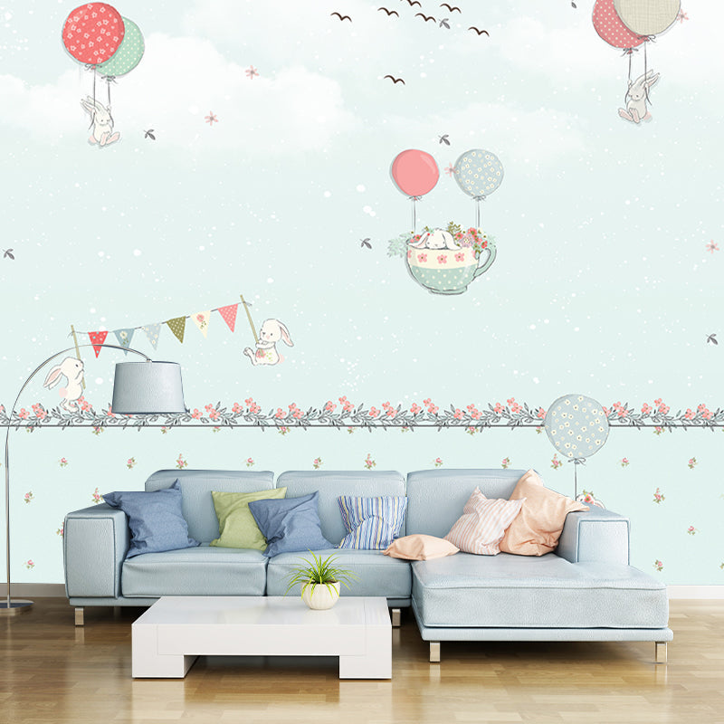 Frendorf | Pastel Kleur Cartoon Behang Muur Volledige Maat Konijnen Ballon Reis Patroon Wanddecoratie voor Kinderkamer