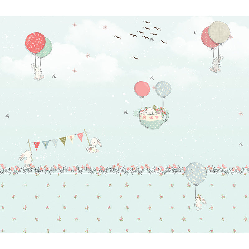 Frendorf | Pastel Kleur Cartoon Behang Muur Volledige Maat Konijnen Ballon Reis Patroon Wanddecoratie voor Kinderkamer