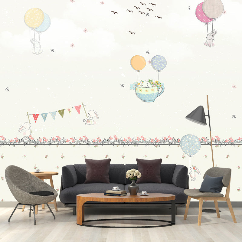 Frendorf | Pastel Kleur Cartoon Behang Muur Volledige Maat Konijnen Ballon Reis Patroon Wanddecoratie voor Kinderkamer