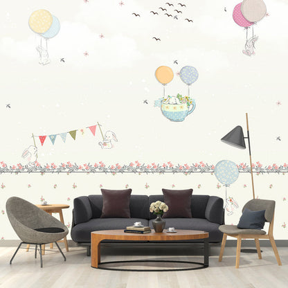 Frendorf | Pastel Kleur Cartoon Behang Muur Volledige Maat Konijnen Ballon Reis Patroon Wanddecoratie voor Kinderkamer