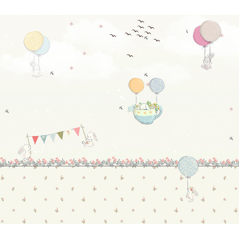 Frendorf | Pastel Kleur Cartoon Behang Muur Volledige Maat Konijnen Ballon Reis Patroon Wanddecoratie voor Kinderkamer