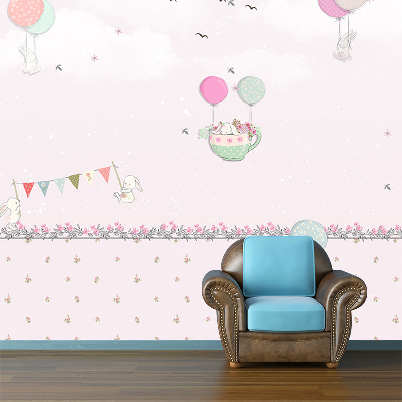 Frendorf | Pastel Kleur Cartoon Behang Muur Volledige Maat Konijnen Ballon Reis Patroon Wanddecoratie voor Kinderkamer