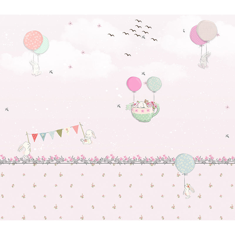 Frendorf | Pastel Kleur Cartoon Behang Muur Volledige Maat Konijnen Ballon Reis Patroon Wanddecoratie voor Kinderkamer
