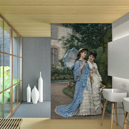 Frendorf | Blau und Weiße Dame Wandtapete Wasserbeständiger Wandkunst für Wohnzimmer Dekor