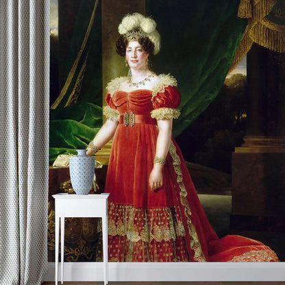 Frendorf | Benutzerdefinierte Illustration Viktorianische Wandmalerei Tapete mit Marie Therese von Frankreich Porträtmuster in Rot-Grün