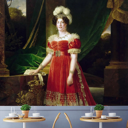 Frendorf | Benutzerdefinierte Illustration Viktorianische Wandmalerei Tapete mit Marie Therese von Frankreich Porträtmuster in Rot-Grün
