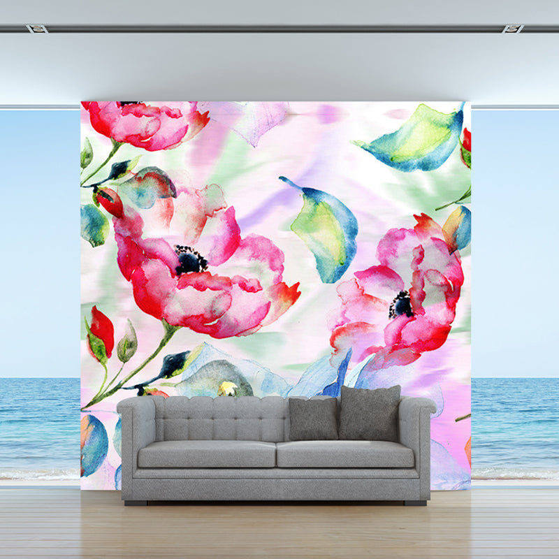 Stylische Aquarellblumen-Mural-Tapete Vlieswasserdicht Grün-Rosa-Blau Wandkunst für zu Hause