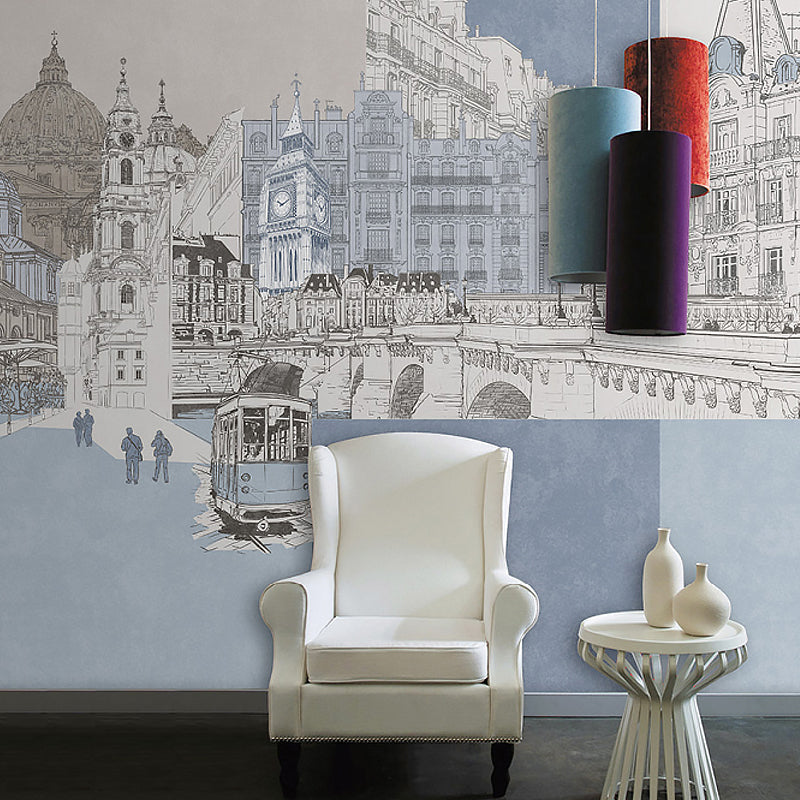 Frendorf | London Cityscape Mural Wallpaper Urban Non-Woven Material Wall Art in Light Blue-White