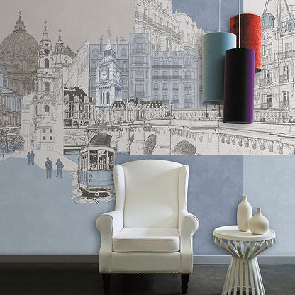 Frendorf | London Cityscape Mural Wallpaper Urban Non-Woven Material Wall Art in Light Blue-White