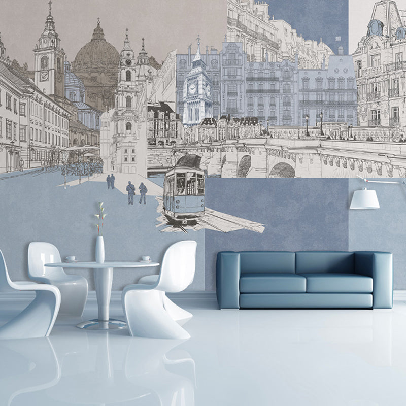 Frendorf | London Cityscape Mural Wallpaper Urban Non-Woven Material Wall Art in Light Blue-White