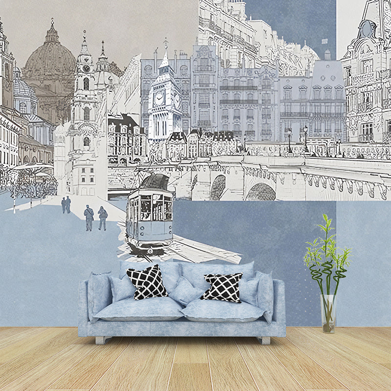 Frendorf | London Cityscape Mural Wallpaper Urban Non-Woven Material Wall Art in Light Blue-White