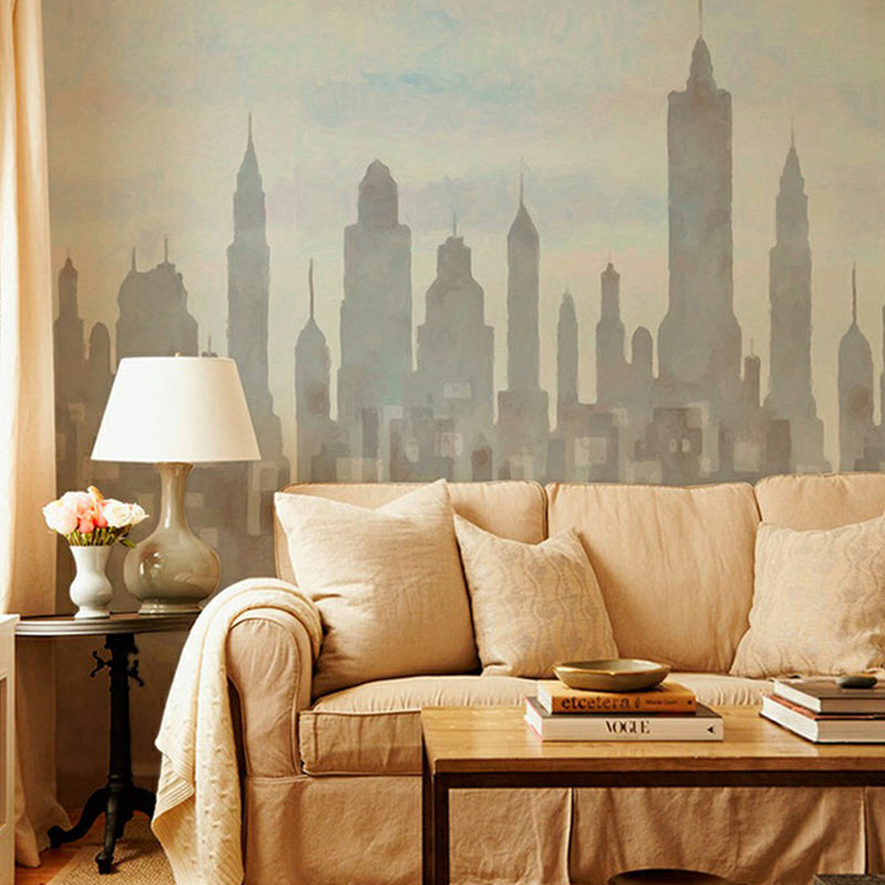 Frendorf | Grijs-Blauw Stads Silhouet Mural Architectonisch Modern Waterdichte Wandkunst voor Woonkamer