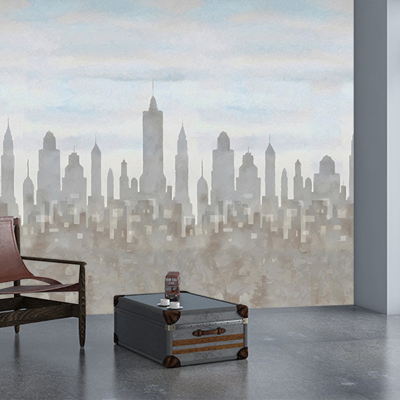 Frendorf | Grijs-Blauw Stads Silhouet Mural Architectonisch Modern Waterdichte Wandkunst voor Woonkamer