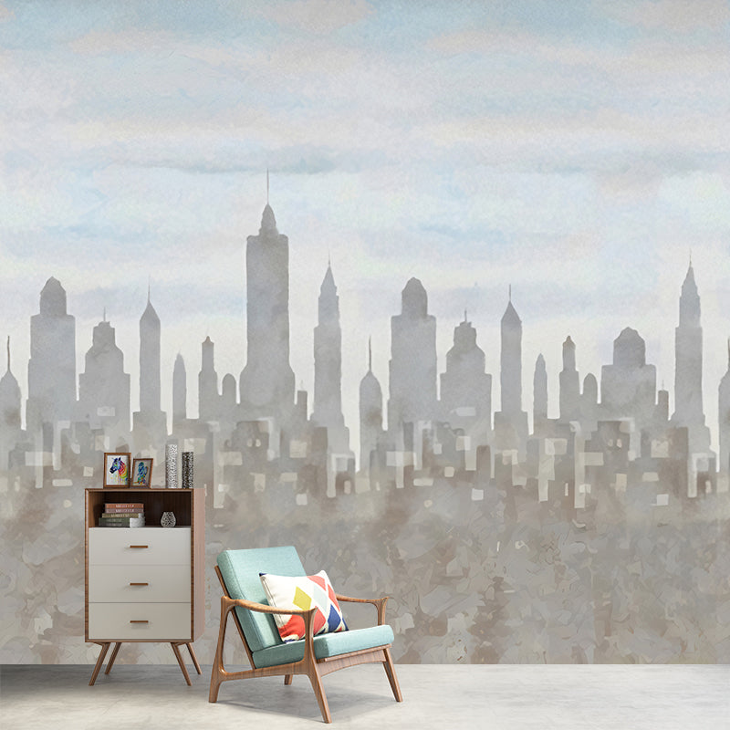 Frendorf | Grijs-Blauw Stads Silhouet Mural Architectonisch Modern Waterdichte Wandkunst voor Woonkamer