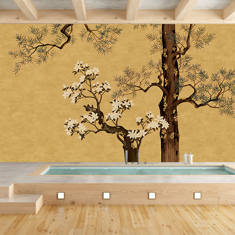 Gelbe Orientalische Tapeten Wandbilder Große Kiefer Zweig und Blumen Druck Wandkunst für das Wohnzimmer