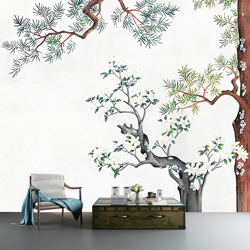 Gelbe Orientalische Tapeten Wandbilder Große Kiefer Zweig und Blumen Druck Wandkunst für das Wohnzimmer