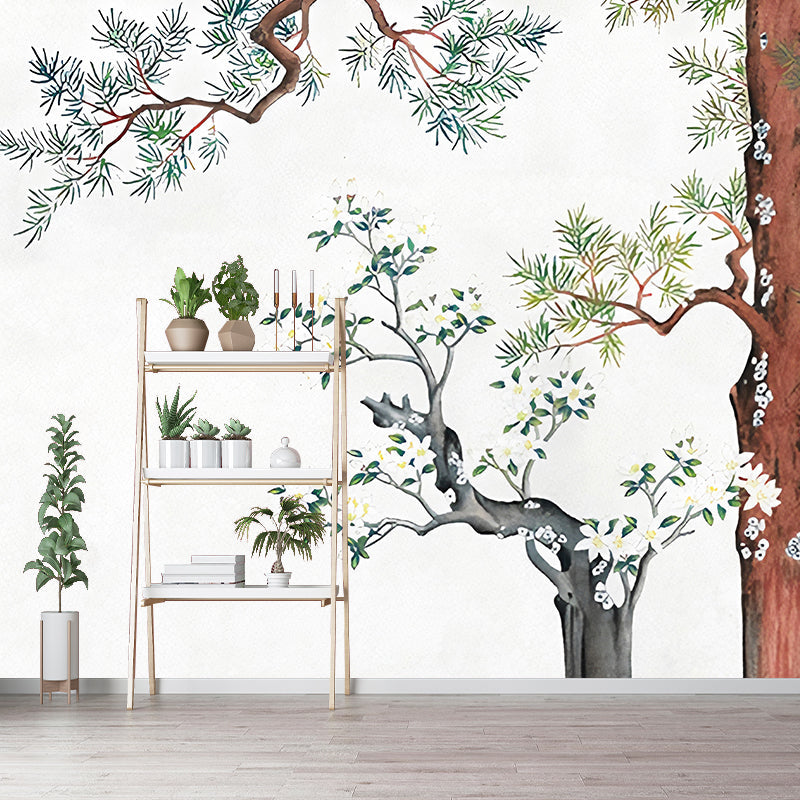 Gelbe Orientalische Tapeten Wandbilder Große Kiefer Zweig und Blumen Druck Wandkunst für das Wohnzimmer