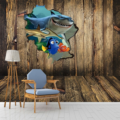Frendorf | Cartoon Kinderen Wanddecoraties met Tropische Vissen Buiten het Cabin Patroon Bruine Wandkunst
