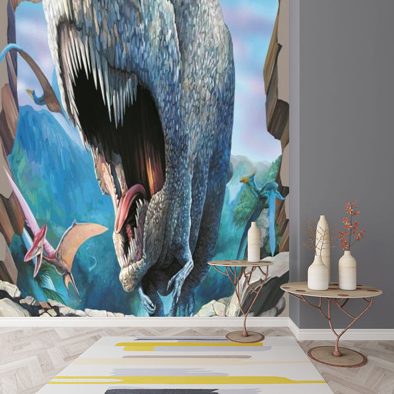 Frendorf | Kinders Kunst Brullende Dinosaurus Muur voor Jongens Slaapkamer Gepersonaliseerde Wandkunst in Blauw-Bruin
