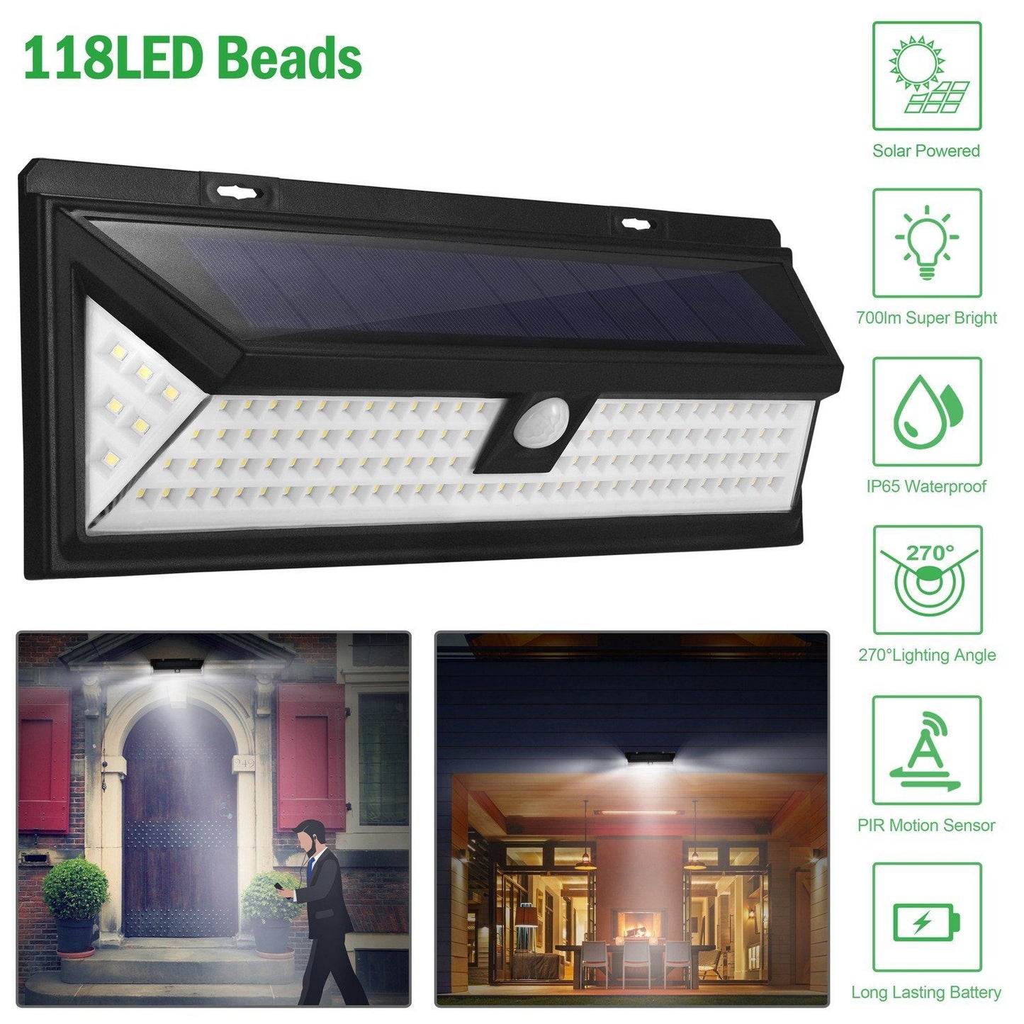 Frendorf | 118 LEDs Solar Wandlicht Außen Bewegungsmelder Lampe