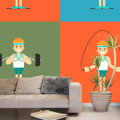 Frendorf | Cartoon Workout Wallpaper Murals Rood-Blauw-Groen Kinderkamer Wandbekleding, Aangepaste Print