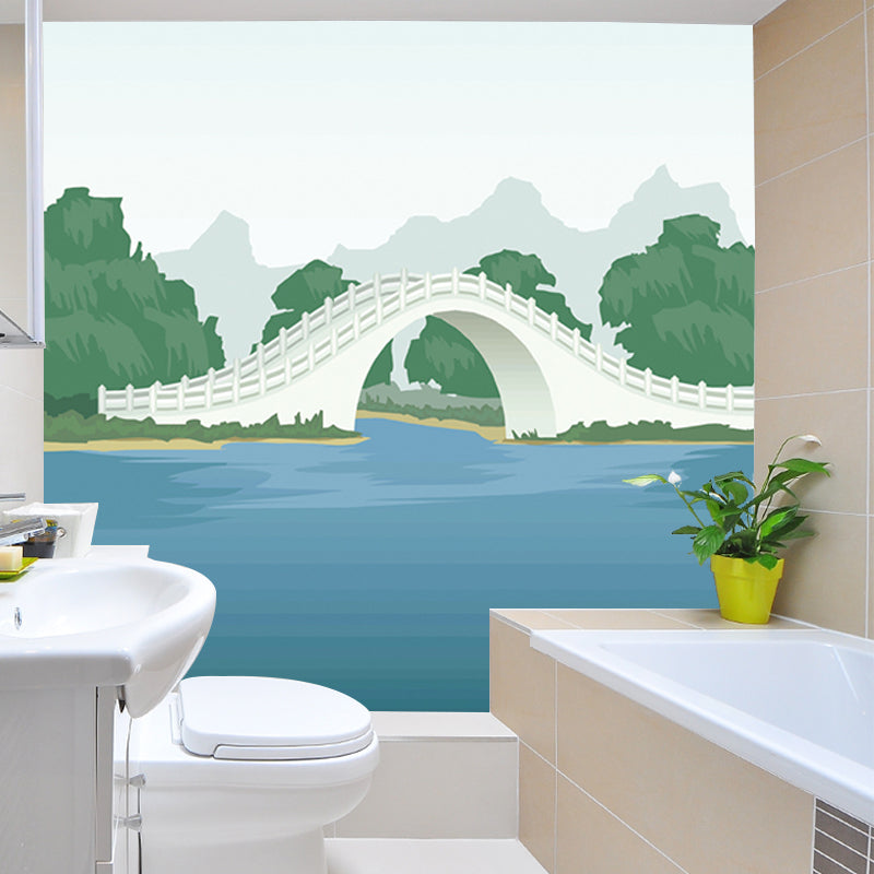 Frendorf | Volledige Maat Scenic Muren Cartoon Mooi Boogbrug Wandbedekking in Blauw en Groen
