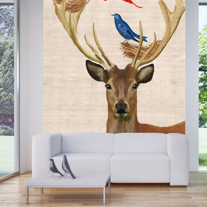 Frendorf | Aangepaste Illustratie Noorse Muurdecoratie met Vogel en Hert Patroon in Bruin, Waterdicht