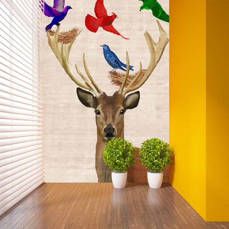 Frendorf | Aangepaste Illustratie Noorse Muurdecoratie met Vogel en Hert Patroon in Bruin, Waterdicht