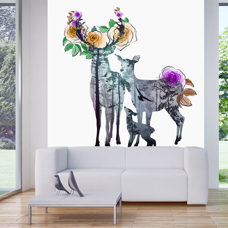 Deer Family Aquarell Wandmalerei Art Deco Feuchtigkeitsresistente Schlafzimmer Wandverkleidung, Angepasste Größe