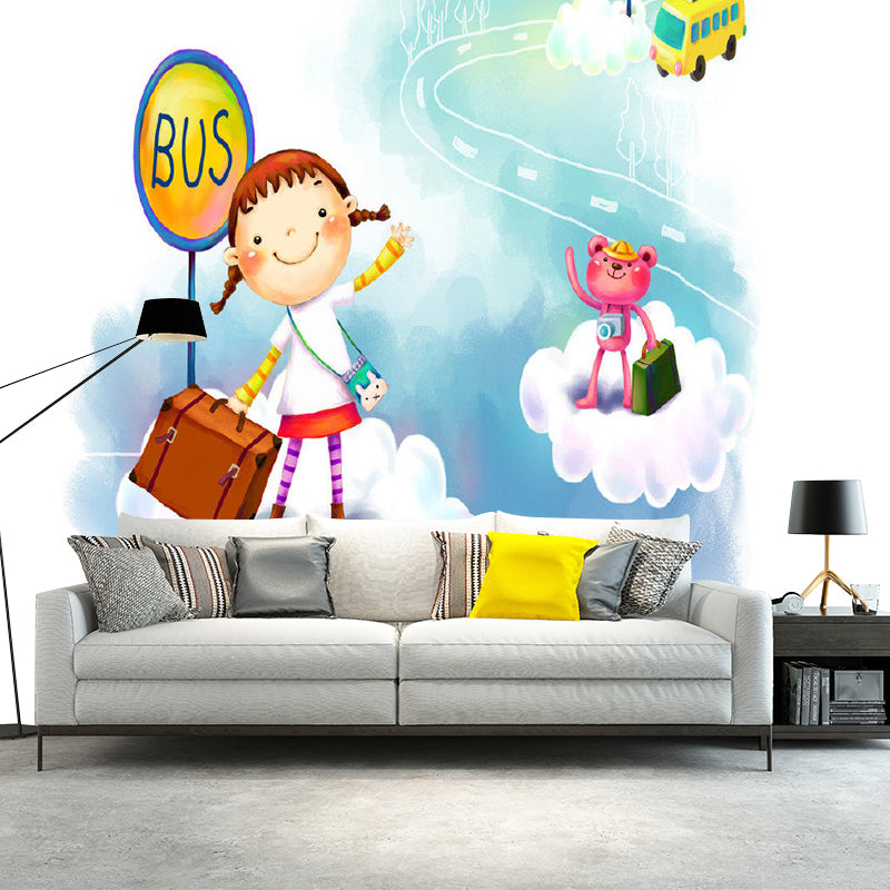 Frendorf | Whole Bus Stop Murals Decal Kids Style Fantasy Little Girl Wall Decor in Blue and White