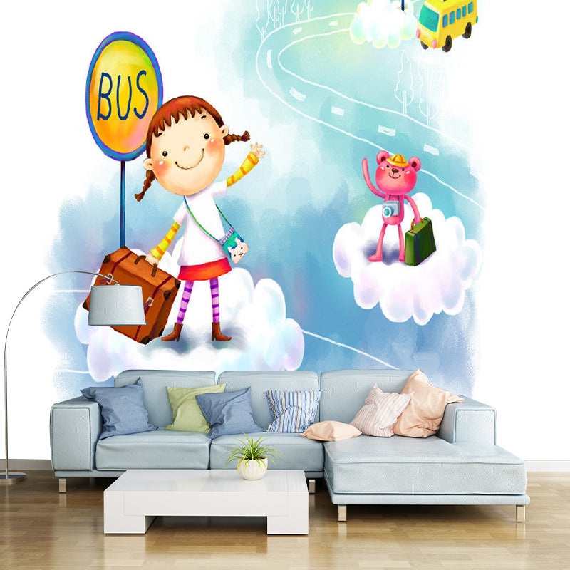 Frendorf | Whole Bus Stop Murals Decal Kids Style Fantasy Little Girl Wall Decor in Blue and White