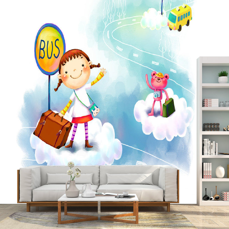 Frendorf | Whole Bus Stop Murals Decal Kids Style Fantasy Little Girl Wall Decor in Blue and White