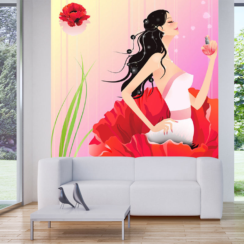 Frendorf | Cartoon Lady in Flower Mural Wallpaper Vliesstoff Umweltfreundliche Pinke Wandverkleidung für Schlafzimmer