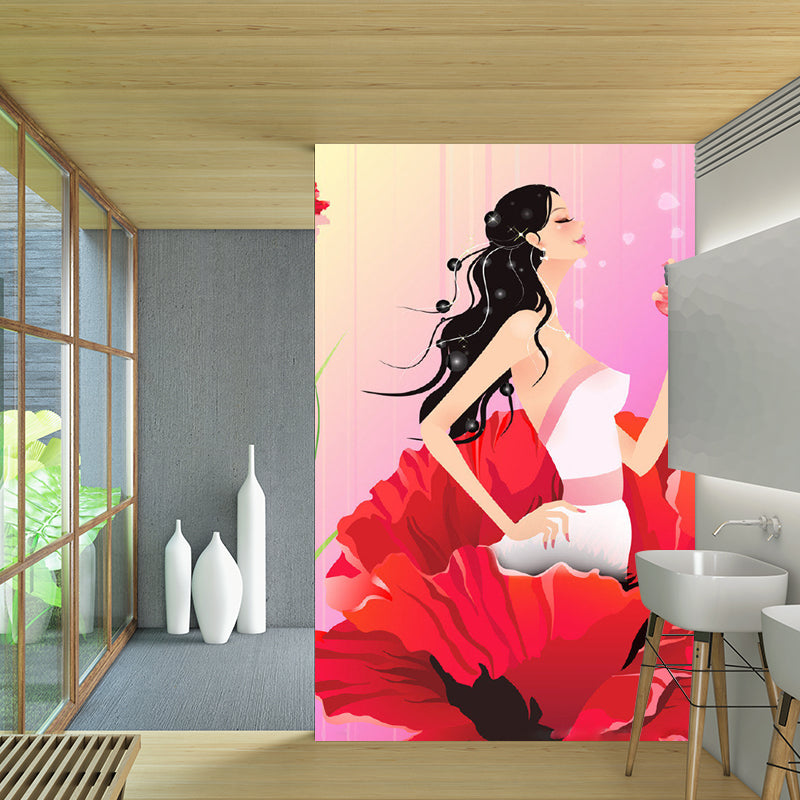 Frendorf | Cartoon Lady in Flower Mural Wallpaper Vliesstoff Umweltfreundliche Pinke Wandverkleidung für Schlafzimmer