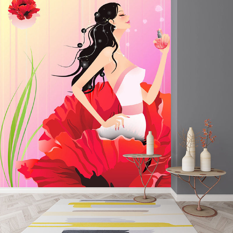 Frendorf | Cartoon Lady in Flower Mural Wallpaper Vliesstoff Umweltfreundliche Pinke Wandverkleidung für Schlafzimmer